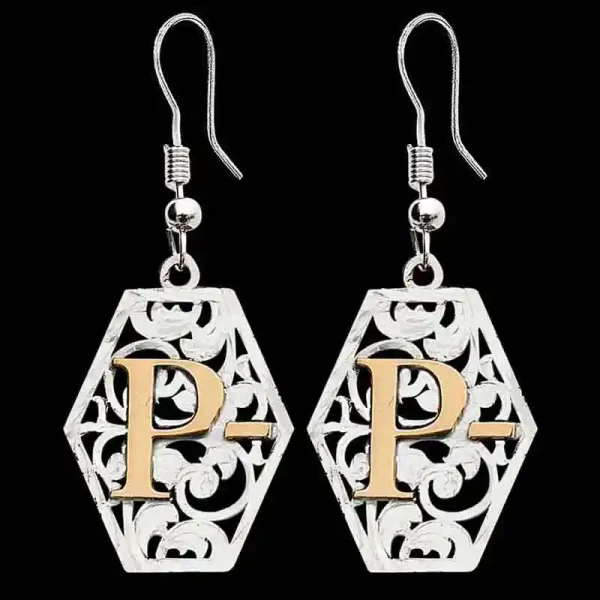 "Let your ears sparkle with elegance. Our Poppy Earrings are on a German Silver base crafted beautifully into a hexagonal shape with immaculate hand-engraved scrolls. Accented with our Jeweler's Bronze initials adding a vibrant charm!

Browse more 